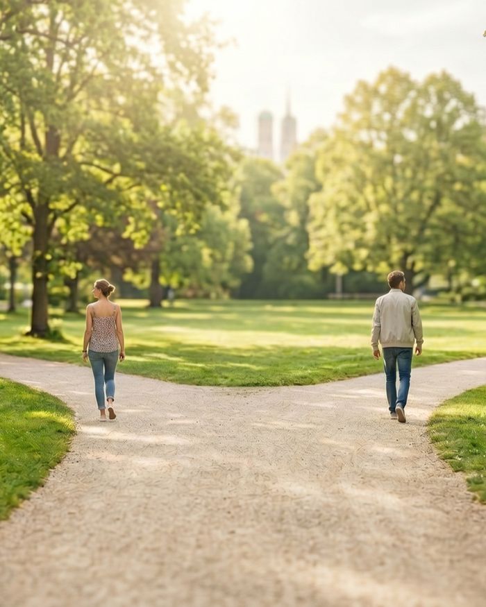 Zwei Menschen gehen im Park getrennte Wege