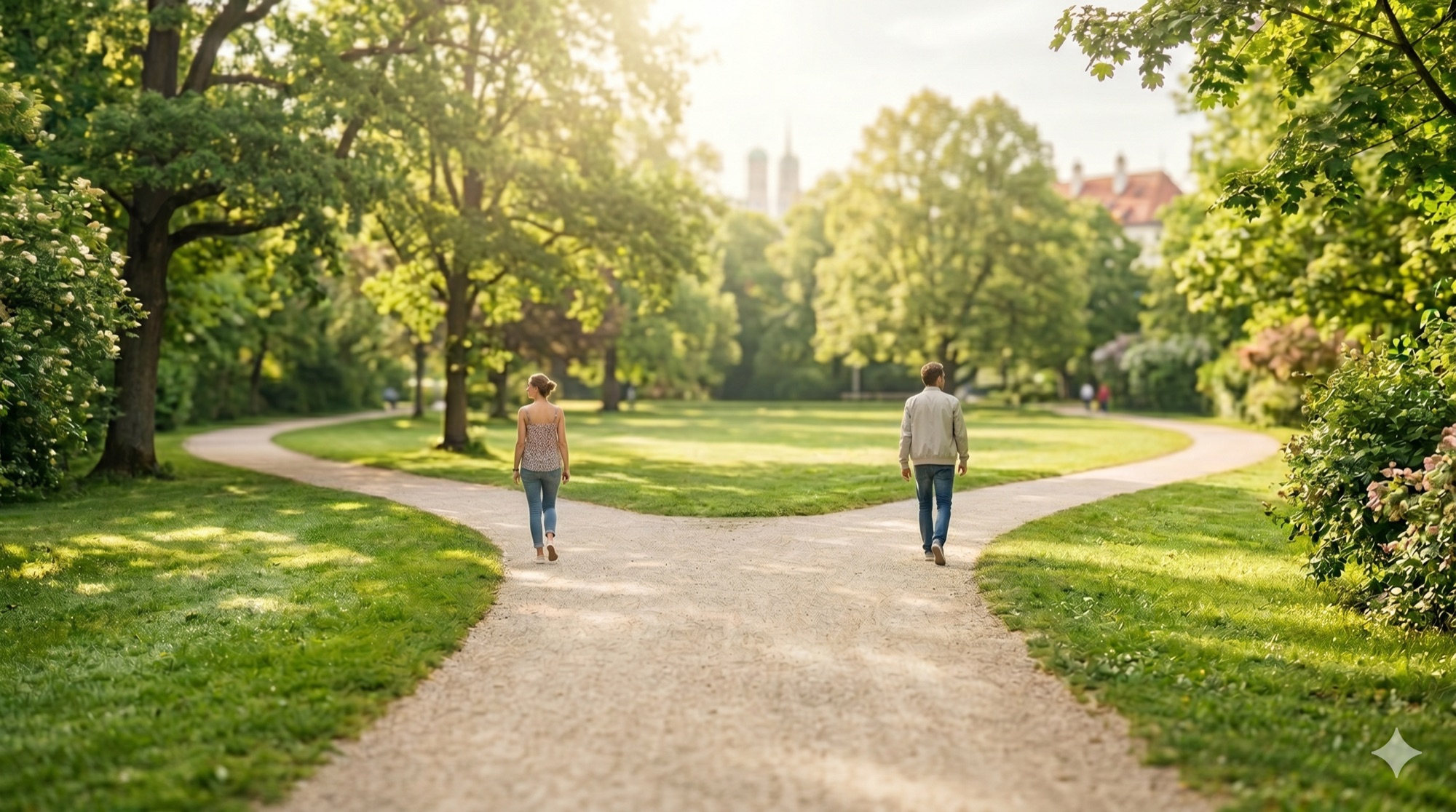 Zwei Menschen gehen im Park getrennte Wege